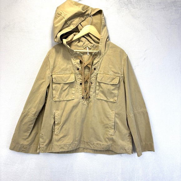 Free People Jackets & Blazers - Free People Lace Up Anorak Jacket Womens Large Tan Beige Hooded Utility Cotton